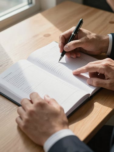 Close-up of an accountant's hands turning pages of a compliance register on a wide wooden desk, natural window light falling across the open ledger, a single pen resting on a regulation clause, no people visible above the wrist