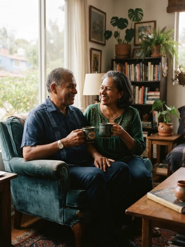 A serene, smiling retired Mexican couple in their early 60s sitting in a sunlit living room, holding a warm cup of coffee, soft window light, warm editorial photography, 35mm