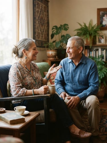 Warm editorial photography, medium shot of a smiling retired Mexican couple in their 60s sitting in their sunlit living room, talking contentedly, soft window light, shallow depth of field, 35mm