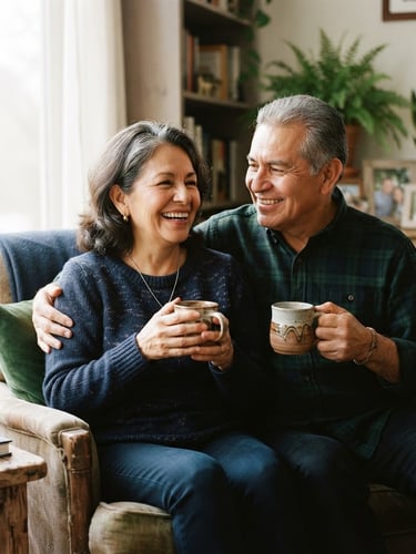 Warm editorial portrait of a smiling retired Mexican couple in their early 60s sitting in a bright, sunlit living room, holding ceramic coffee cups, looking happy and relaxed, soft focus, shallow depth of field, 35mm photography.