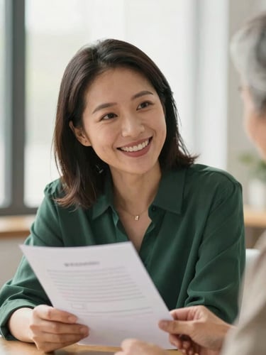 Warm editorial photography, close-up of a friendly female advisor in her 40s smiling warmly and explaining a document to an older adult, soft natural light, shallow depth of field, 35mm
