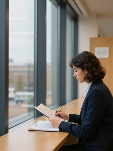 A professional studying in a modern university library, natural window light, deep navy and warm gold tones, sharp focus, 35mm