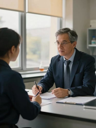 A professor in a modern research lab discussing data with a student, soft natural window light, deep navy tones, professional setting, 35mm.