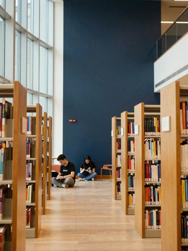 Editorial photography of a modern university library lobby, students studying quietly in the background, natural window light, deep navy and warm gold tones, sharp focus, academic setting, 35mm
