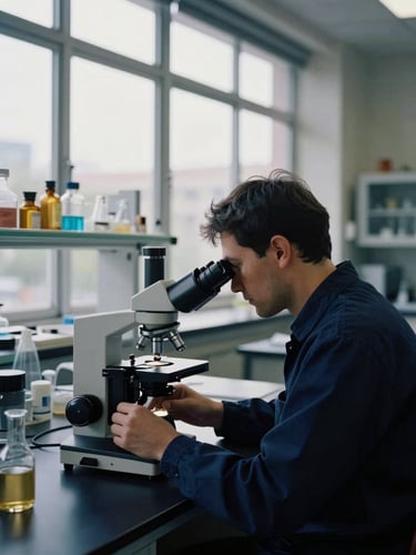A focused researcher working with a microscope in a clean, brightly lit modern university laboratory, natural window light, deep navy tones, editorial style, 35mm
