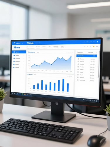 A clean, modern ERP dashboard on a desktop monitor in a bright Egyptian corporate office, displaying financial charts and tax compliance status, professional tech environment, sharp focus, 35mm