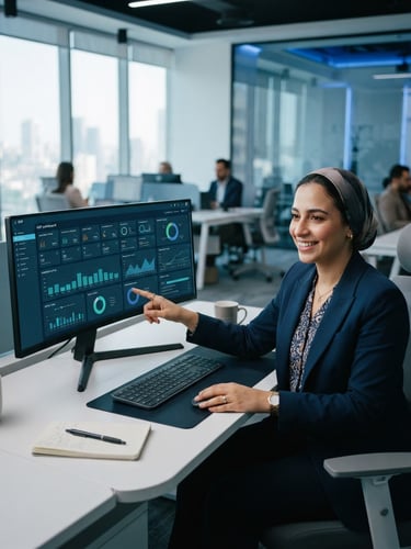 Mid-shot of a professional Egyptian engineer in a well-lit modern office, interacting with an ERP dashboard interface on a clean screen, cool daylight with subtle blue accents, 35mm photography