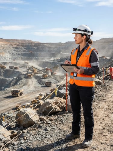 sharp industrial photography, bright clear daylight, a mining engineer wearing safety-orange high-visibility vest and a certified white hardhat looking toward the left, technical composition, 35mm