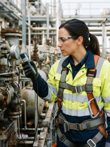 Close-up of a professional wearing a high-visibility yellow jacket and safety harness, inspecting industrial equipment under clear bright daylight, sharp technical composition, 35mm.