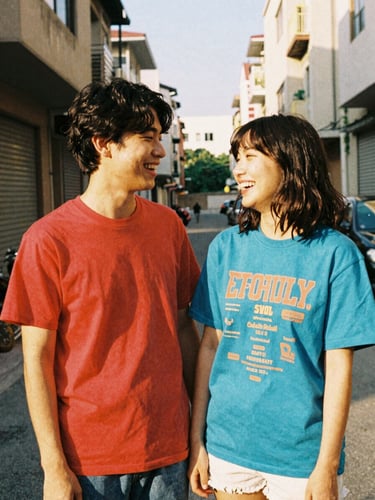 Candid 35mm film photo of a young couple laughing in a sunlit urban alley, wearing colorful graphic t-shirts, warm golden-hour light