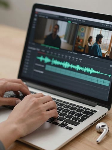 Close-up of hands editing short-form video footage on a laptop screen showing a timeline and waveform, neutral studio light, a wireless earbud product visible beside the keyboard