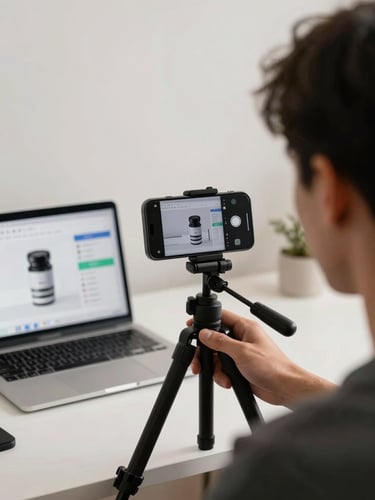 Over-shoulder view of a creator filming a product demo on a smartphone mounted to a tripod, laptop open beside them showing a campaign analytics dashboard, neutral studio light, clean desk setup