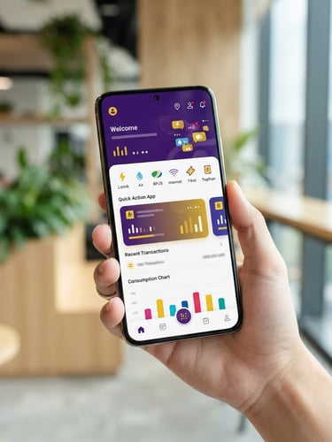 A clean tech mockup of a smartphone displaying a local Indonesian utility app, natural bright lighting, purple and gold accents