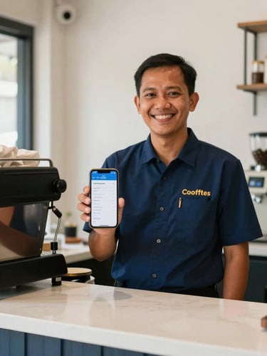 A warm photo of a local Indonesian coffee shop owner smiling behind the counter, holding a phone showing a digital transaction confirmation, natural daylight