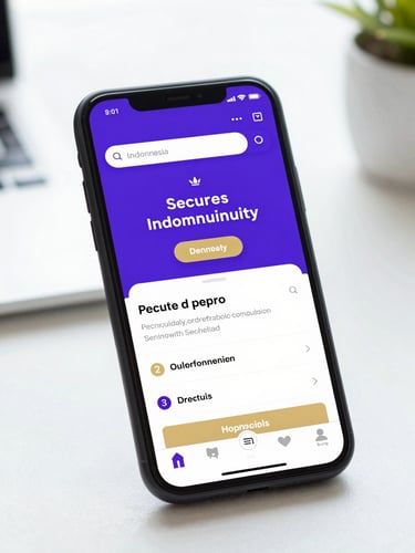 A close-up of a smartphone screen displaying a secure Indonesian community portal, clean desk environment, bright professional lighting, royal purple accents.
