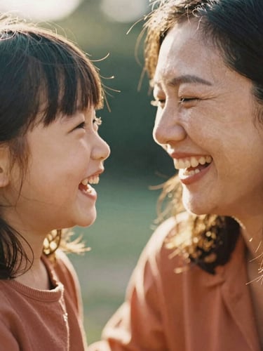 Intimate close-up of a mother and daughter laughing, warm sun-drenched backlight, shallow depth of field, authentic candid emotion, 35mm film look