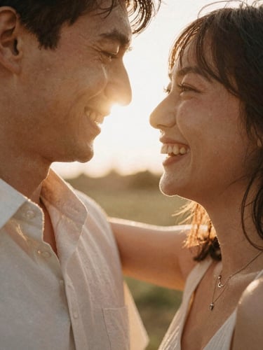 Intimate close-up of a couple laughing, warm sun-drenched backlight, soft natural lens flare, golden hour, 35mm film look