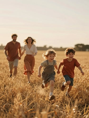 A family running through a golden field, children laughing, warm sun-drenched environment, cinematic 35mm look