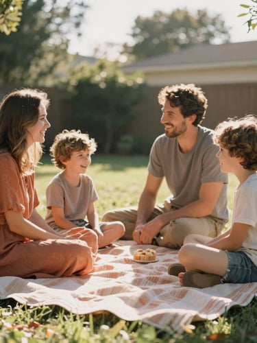 Warm sun-drenched backyard, a family laughing together on a picnic blanket, natural candid interactions, 35mm film look