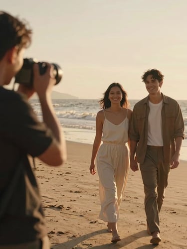 Candid behind-the-scenes of a photographer smiling while capturing a couple walking hand-in-hand on a beach, warm golden hour sun, cinematic look
