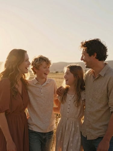 Warm cinematic portrait of a family laughing together in a golden California field, backlit by warm sun flares, 35mm film style.