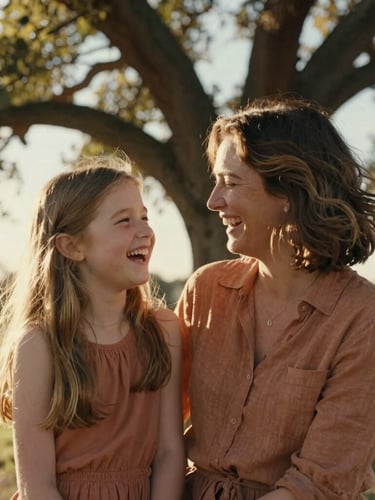 Candid medium shot of a mother and daughter laughing under a warm sun-drenched oak tree, soft golden light, authentic interactions.