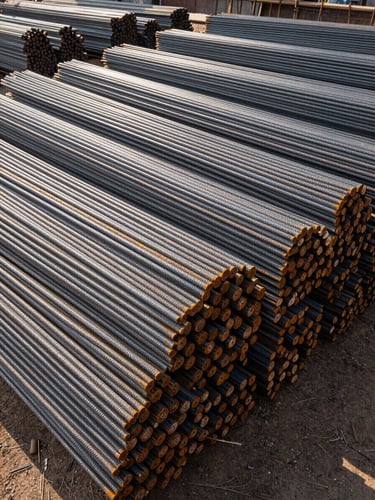 Wide shot of bundled TMT steel bars stacked in tight rows on a Goregaon construction yard, morning daylight casting hard shadows across the ribbed bar surface, rust-free finish visible in close foreground, stacked inventory receding into background depth