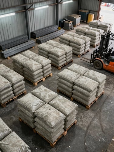 Overhead view of a warehouse yard in Goregaon: rows of cement bags stacked on wooden pallets, bundled TMT bars along the left wall, clear fluorescent lighting, forklift tracks visible on the concrete floor — wide environmental shot, no people