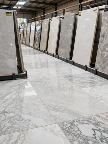 Wide shot of a tiled showroom floor at a construction materials yard in Mumbai — large-format polished marble slabs and ceramic floor tiles arranged in rows under overhead industrial lighting, daytime, no people, clean sight lines showing material variety