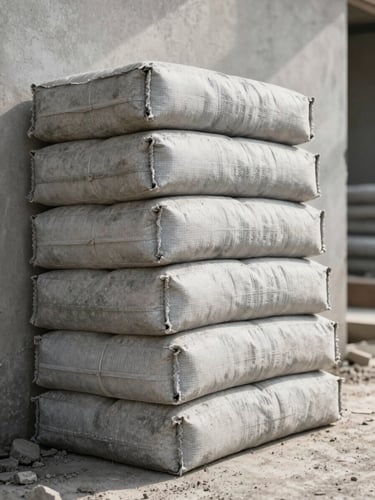 Side-angle view of cement bags leaning against a site wall, texture of paper sacking in sharp focus, morning daylight raking across the surface, no people, construction debris visible at base