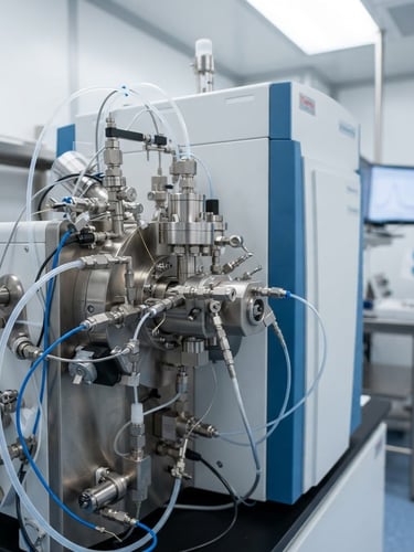 Close-up of a high-resolution mass spectrometer in a sterile clean room, clinical lighting, crisp macro details, professional 35mm lens