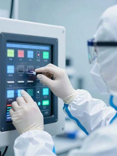 Close-up of a scientist in sterile PPE adjusting parameters on a bioreactor control panel, blue and green light reflections, clinical pharmaceutical photography, bright clean-room lighting, sterile white and deep blue tones, crisp macro details, professional 35mm lens