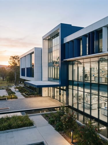 Australian biotechnology facility exterior at dawn, modern architecture, clean lines, professional 35mm lens, bright clinical lighting, sterile white and deep blue tones, no text