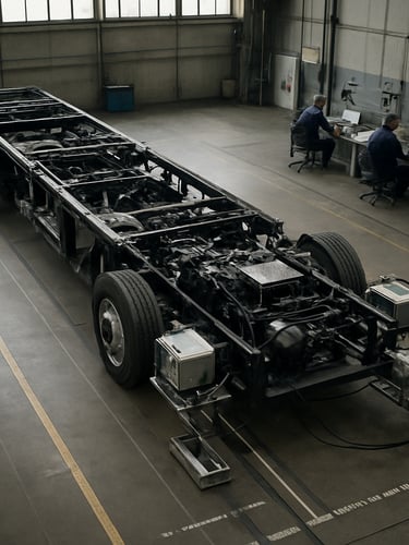 Overhead wide shot of a full bus chassis on a test bench in a large industrial facility, diagnostic rigs attached to the axle assemblies and power electronics enclosures, cool overcast daylight through clerestory windows, technicians at workstations along the right edge, concrete floor with painted measurement guides