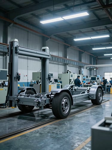 Wide factory floor interior, a full-scale bus chassis mounted on a hydraulic test rig in the left foreground, industrial LED ceiling lights casting cool blue-white light across the steel floor, technicians partially visible at workstations in the background, manufacturing equipment and cable runs framing the scene, cool desaturated palette