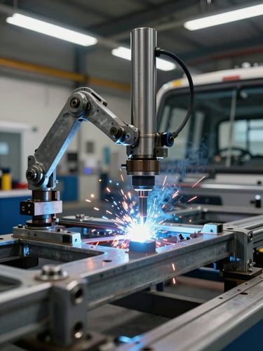 Close-up overhead shot of a precision welding station on a bus chassis assembly line, welding arms mid-operation, sparks and blue arc light visible, steel jig fixtures holding frame members, cool industrial LED overhead lighting, factory floor visible in background