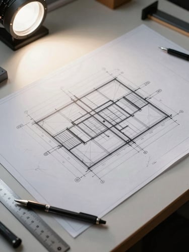 Close overhead shot of large-format structural engineering drawings spread flat on a light work table, pencil annotations and dimension callouts visible in sharp focus, a drafting scale and mechanical pencil resting at the lower edge, even north-facing studio light, no hands or people in frame