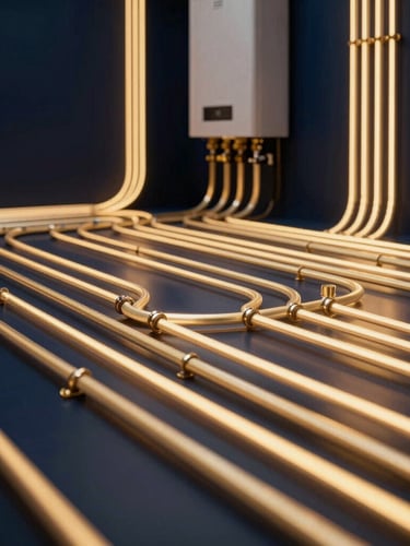 Wide architectural view of a high-end boiler installation, glowing radiant heating manifolds, clean geometric lines, dramatic lighting, 35mm