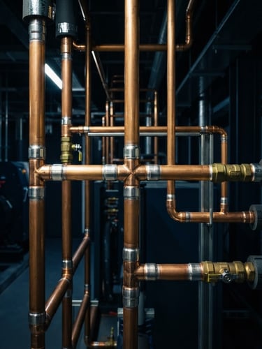 Macro close-up of pristine, perfectly aligned copper pipework with clean silver solder joints in a high-end mechanical room, dramatic architectural lighting