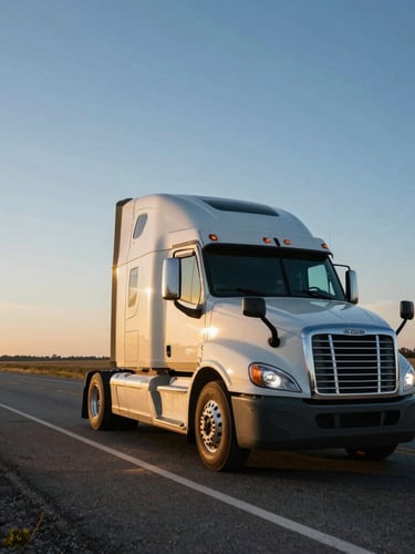 Low-angle heroic shot of a clean semi-truck cab on an open American highway during golden hour, sun glinting off chrome, wide expansive horizon