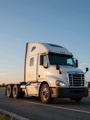 Low-angle heroic shot of a clean semi-truck cab on an open American highway during golden hour, high-contrast natural light, 35mm