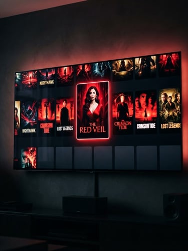 Sleek modern smart TV mounted on a dark wall displaying a vibrant streaming application interface with rich crimson highlights, cinematic lighting, shallow depth of field