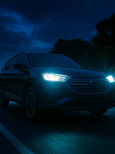 Dynamic low-angle shot of a modern SUV driving on a regional road in Pará at twilight, high-contrast dramatic lighting with glowing headlights, deep blue and vibrant green accents, sharp focus, 35mm