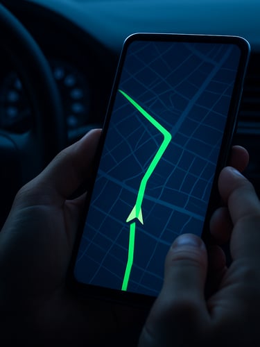 Close-up of hands holding a smartphone inside a vehicle, displaying a precise GPS tracking map with a green signal route, high-contrast twilight lighting, 35mm