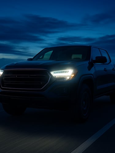 Dynamic low-angle shot of a modern pickup truck driving on a paved highway in Pará at twilight, glowing headlights, deep blue sky, vibrant green dashboard reflection, sharp focus, 35mm