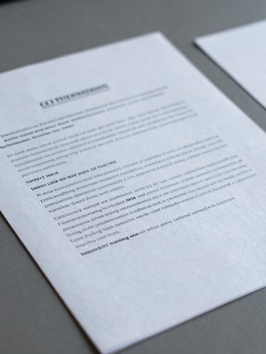 Macro photograph of printed legislative documents on a slate gray desk, cool diffused daylight, sharp focus, 35mm