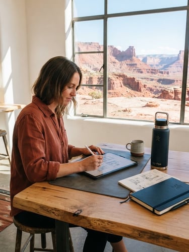 Wide shot of a minimalist high-desert workspace, natural light, a designer's hands sketching on a tablet, with Sly Fox products (a durable water bottle, a sleek notebook) subtly arranged on a raw wood desk, red rock landscape visible through a large window, sharp shadows, vibrant lifestyle photography, bright high-desert sunlight, warm orange and deep blue accents, 35mm