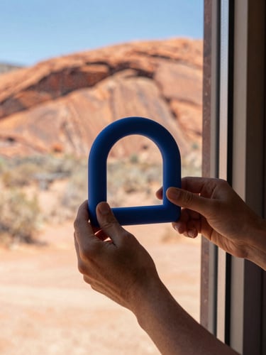 Portrait orientation of hands assembling a cleverly designed home accessory, with a glimpse of red rock landscape through a window, bright high-desert sunlight, sharp shadows, 35mm.