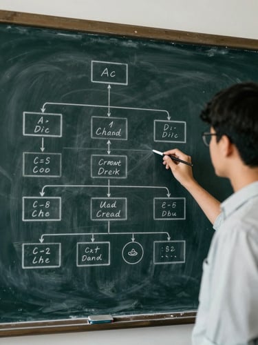 Candid medium shot of a student presenting a complex system architecture diagram on a blackboard, desaturated tones, cool indoor lighting.