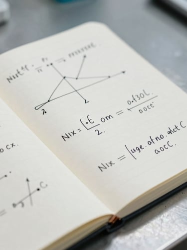 Macro close-up of a notebook open on a steel table, technical economic models and equations hand-drawn in black ink, cool indoor lab lighting, sharp focus, high contrast